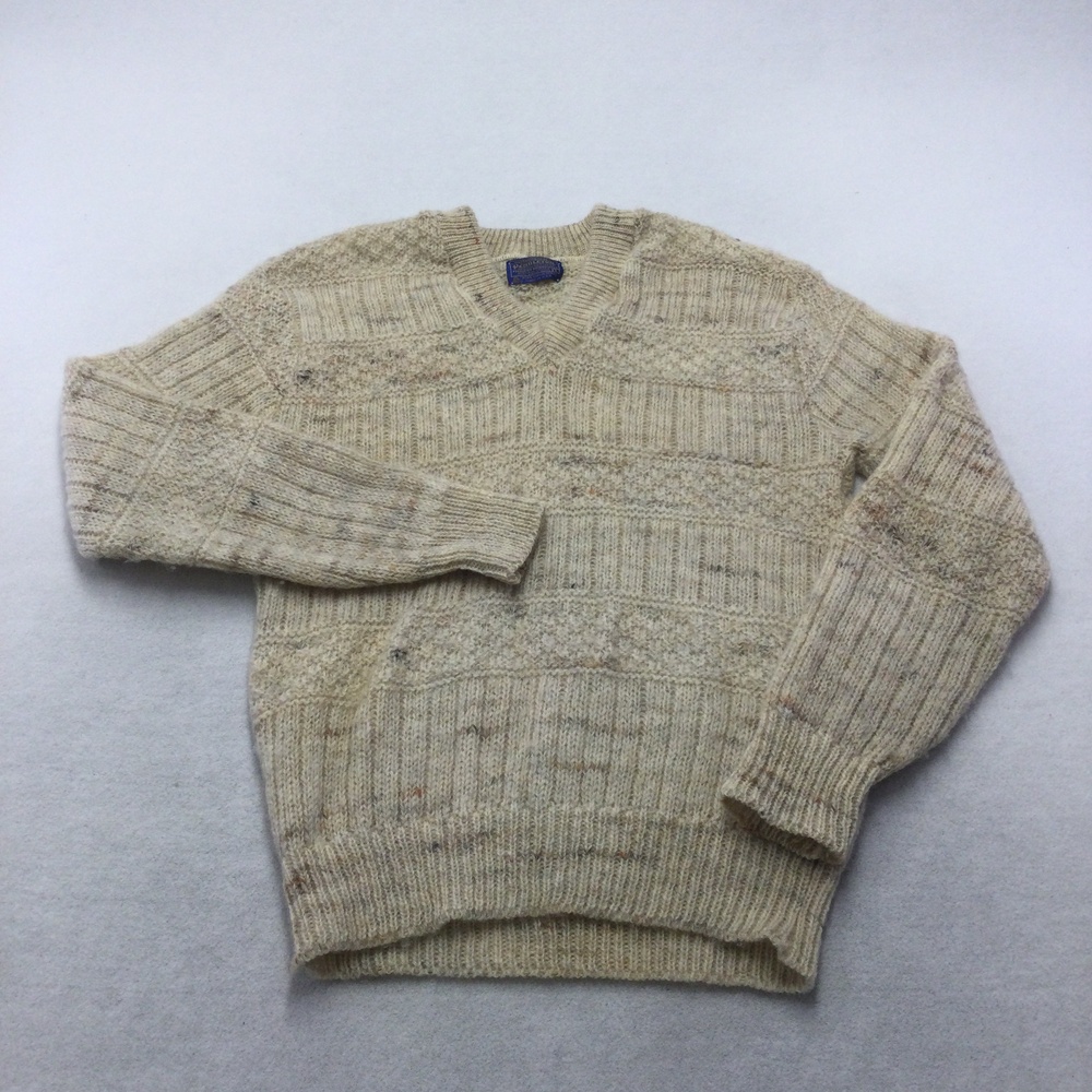 Vintage Pendleton Sweater Mens Large Beige Striped Wool V Neck Chunky Knit USA